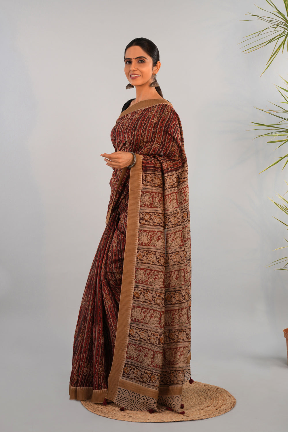 Image of Apricot red Kalamkari Chanderi Saree
